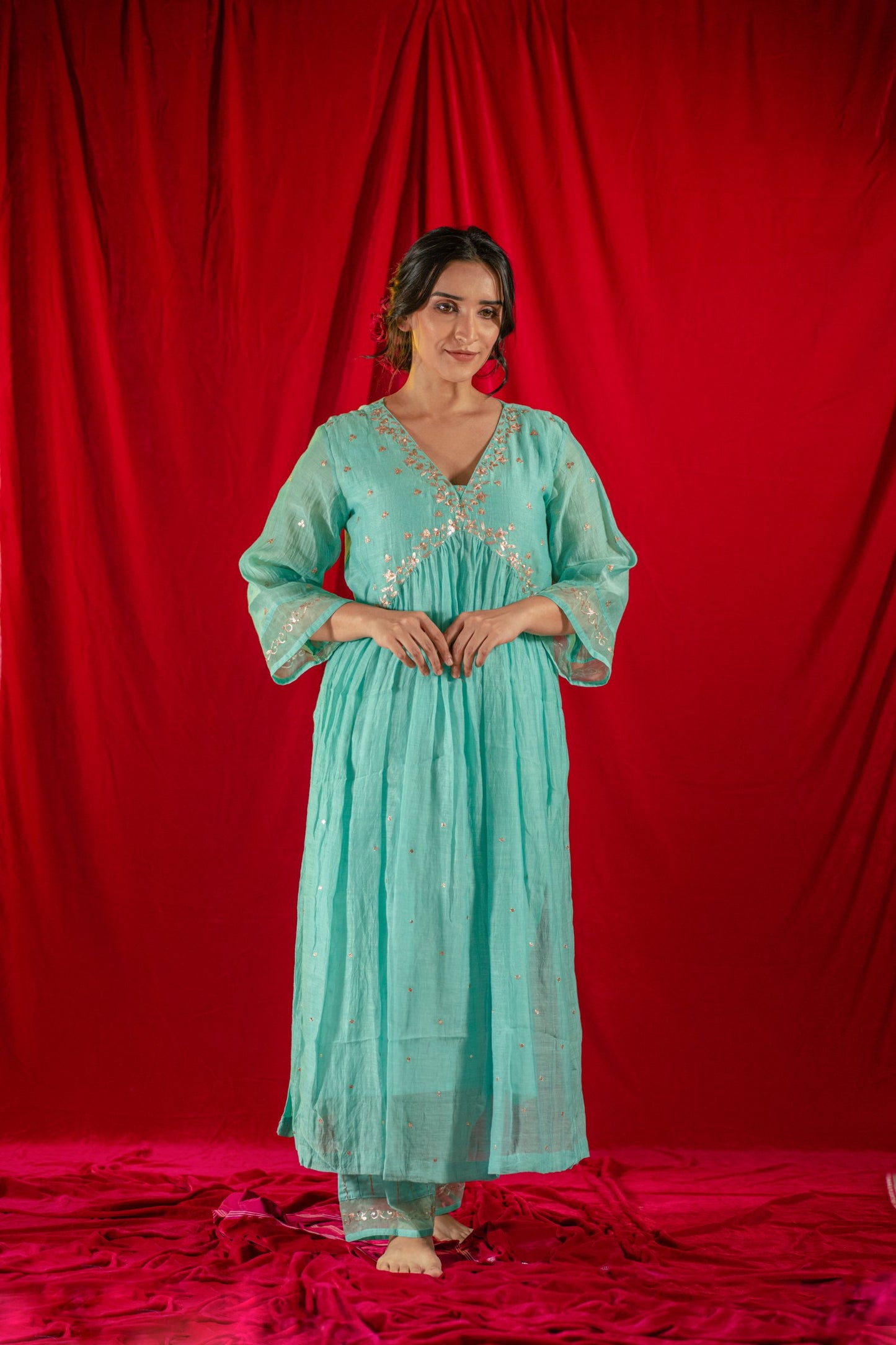 Light Blue V Neck Kurta Set
