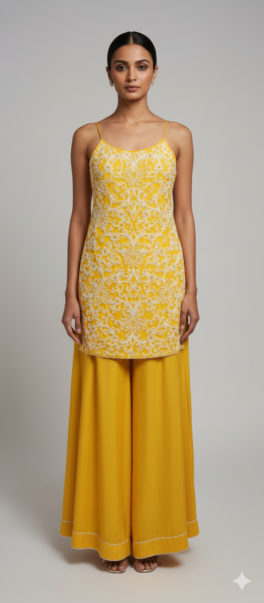 Yellow Strappy Pearlwork Sharara Set