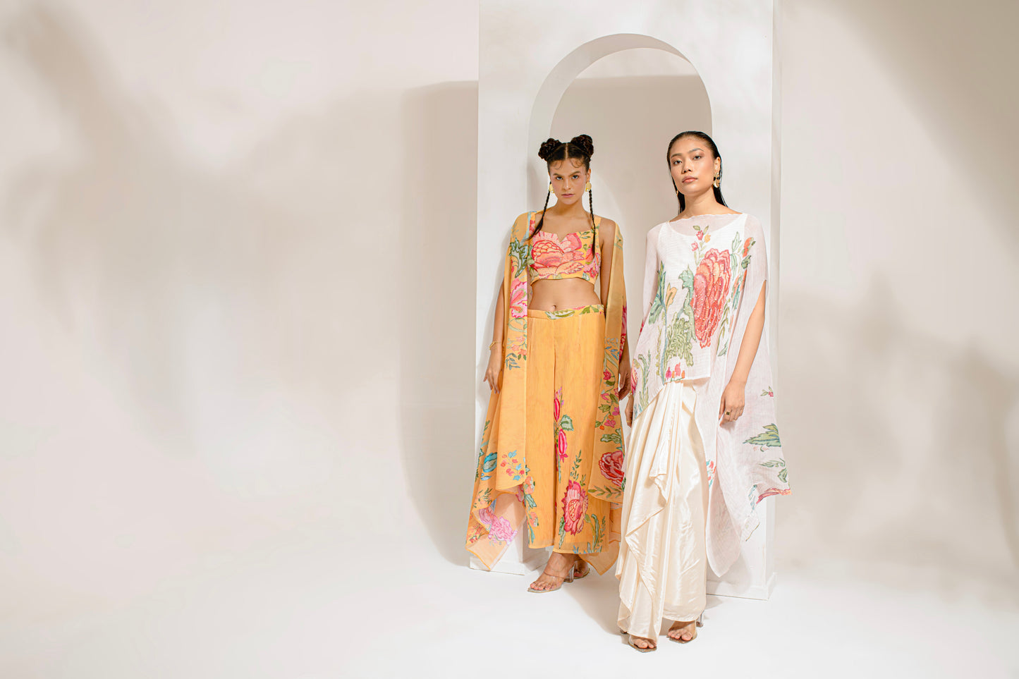 Yellow Georgette, Polyester Embroidery, Studs, Cut Floral Dana Cape Palazzo Set