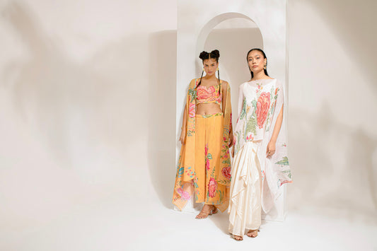 Yellow Georgette, Polyester Embroidery, Studs, Cut Floral Dana Cape Palazzo Set