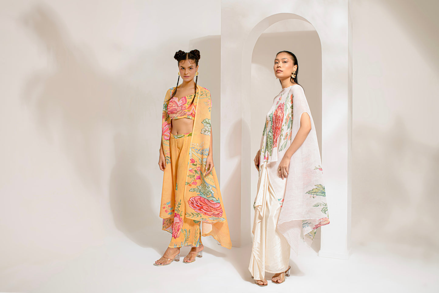 Yellow Georgette, Polyester Embroidery, Studs, Cut Floral Dana Cape Palazzo Set