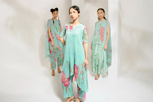 Green Georgette, Polyester Pearls Split V-neck Work Asymmetric Kurta With Pant