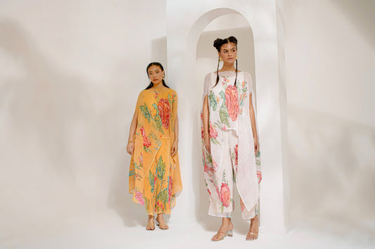 Ivory Polyester, Lurex Embroidery, Pearls Boat Floral Print Kaftan With Pant