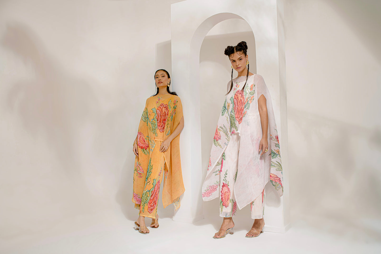 Yellow Polyester, Lurex Embroidery, Pearls Boat Floral Print Kaftan With Pant