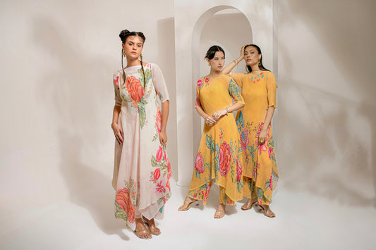 Ivory Georgette, Polyester Pearls, Embroidery Boat Neck Kurta With Pant