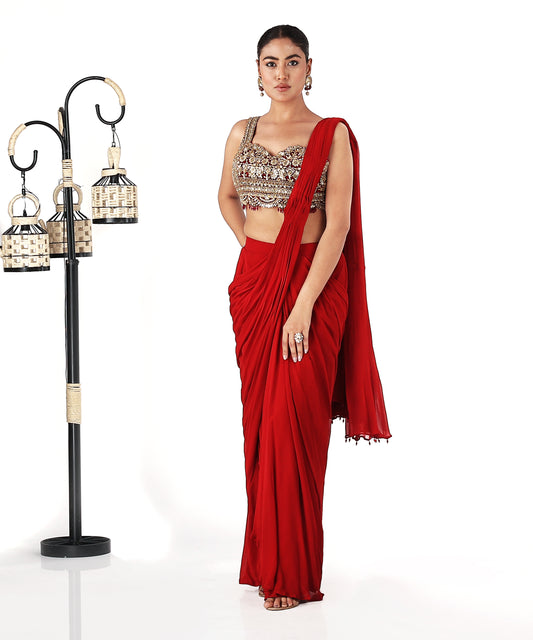 Red Georgette Draped Saree with Zardozi Blouse
