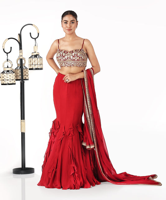 Red Frill Mermaid Lehenga Saree with Zardozi Blouse