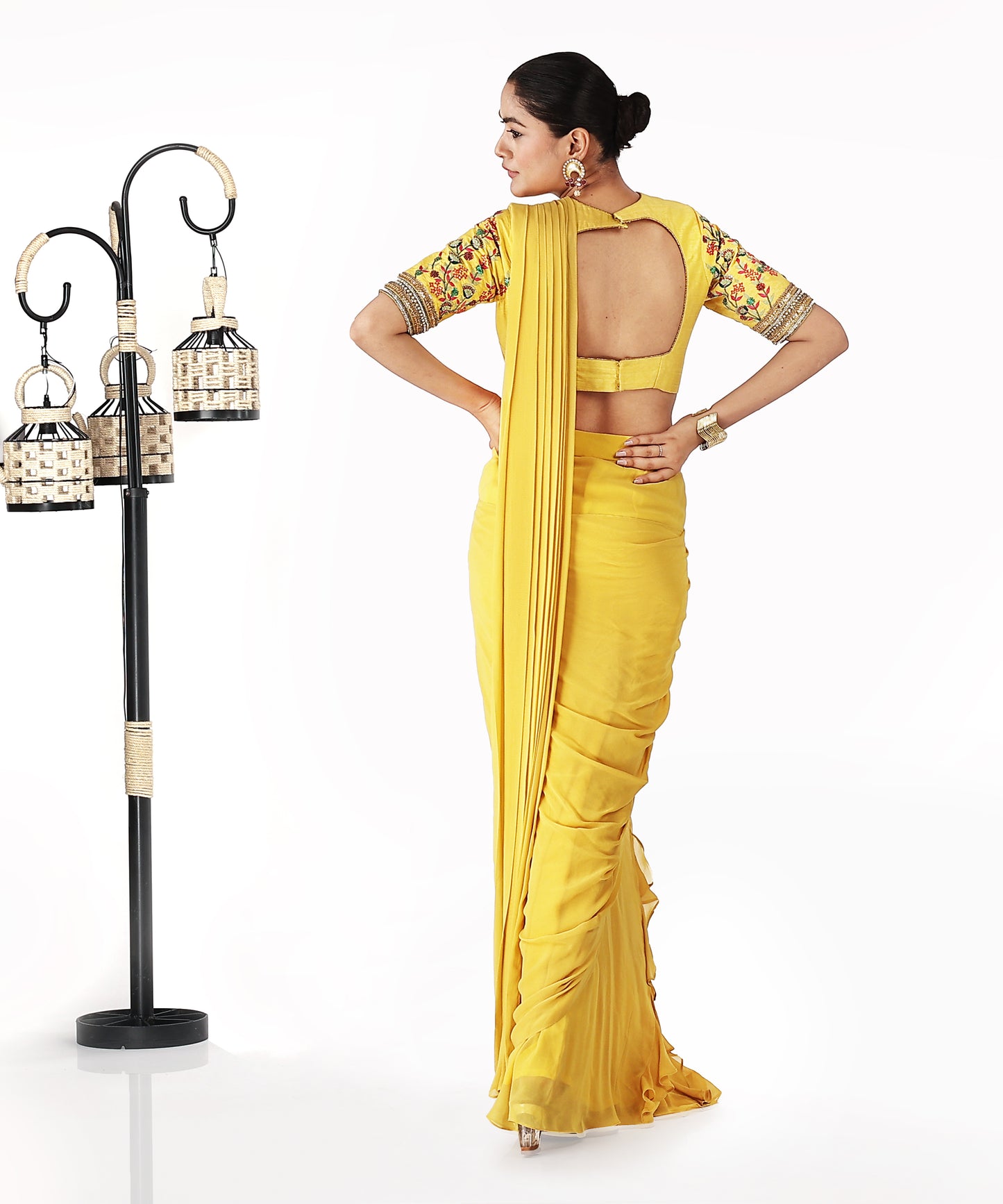 Yellow Draped Saree with Multi Colour Threadwor