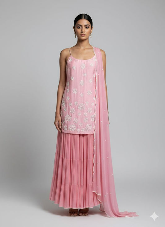 Pink Strappy Pearlwork Sharara Set