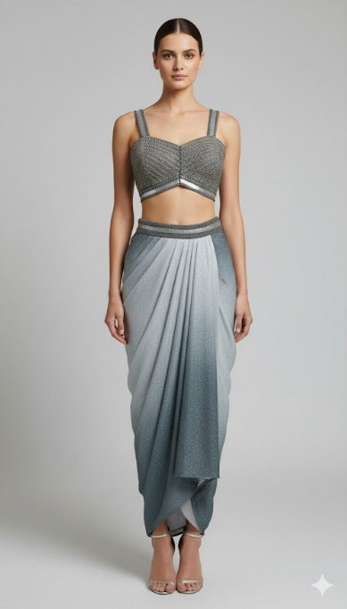 Antique work silver ombre skirt set