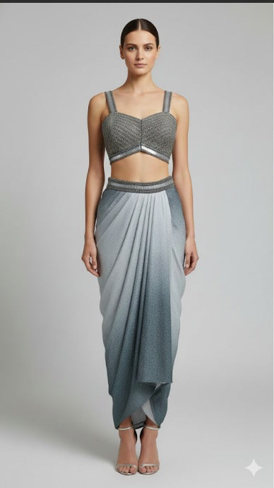 Antique work silver ombre skirt set