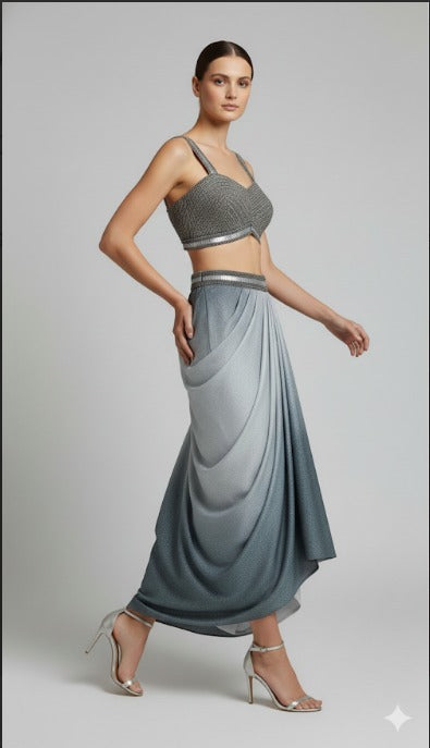 Antique work silver ombre skirt set