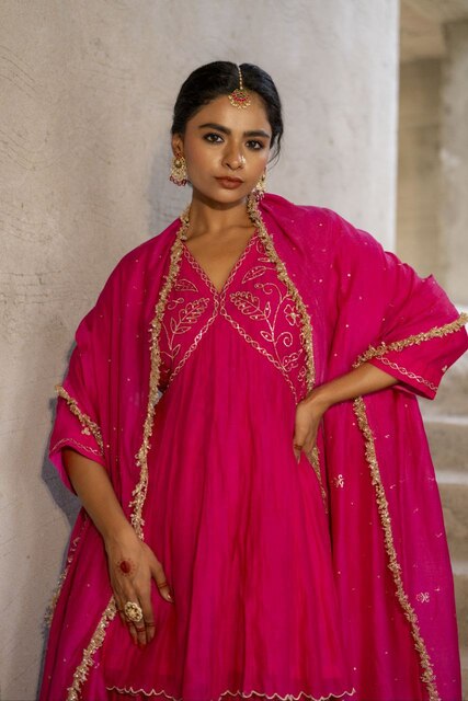 Pink Chanderi Angrakha set with Dabka work