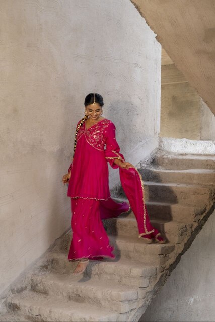 Fuschia Pink Mul Chanderi Peplum Sharara with Dabka Pittan work