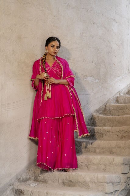 Fuschia Pink Mul Chanderi Peplum Sharara with Dabka Pittan work