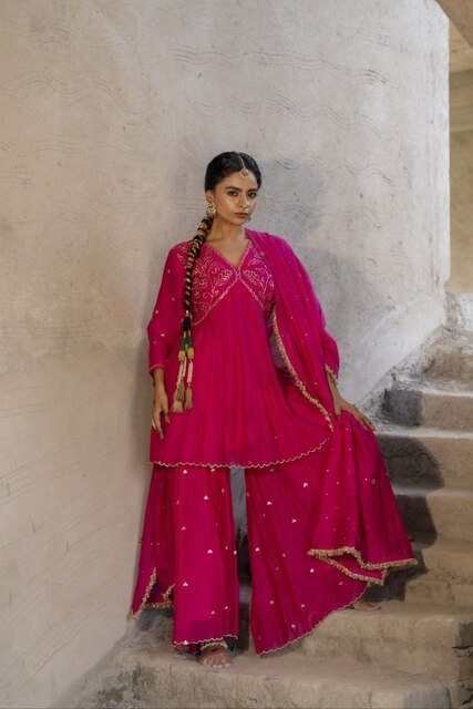 Fuschia Pink Mul Chanderi Peplum Sharara with Dabka Pittan work