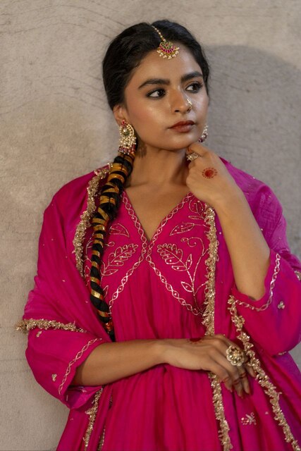 Pink Chanderi Angrakha set with Dabka work