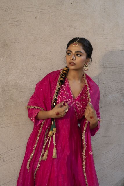 Fuschia Pink Mul Chanderi Peplum Sharara with Dabka Pittan work