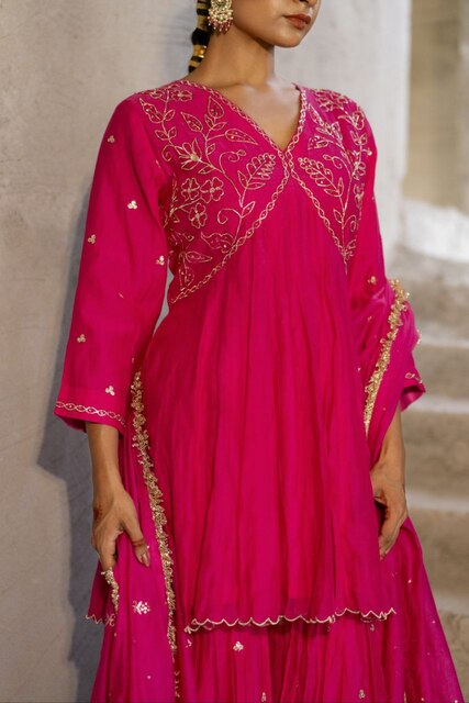 Fuschia Pink Mul Chanderi Peplum Sharara with Dabka Pittan work