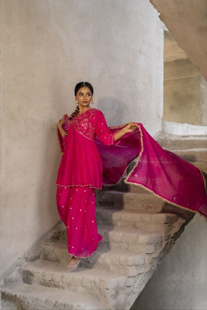 Fuschia Pink Mul Chanderi Peplum Sharara with Dabka Pittan work