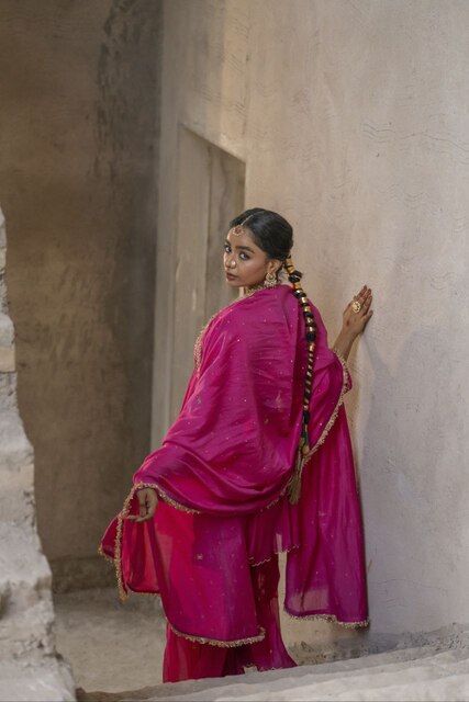 Fuschia Pink Mul Chanderi Peplum Sharara with Dabka Pittan work