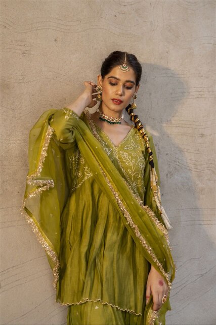 Mehendi Green Mul Chanderi Peplum Sharara with Dabka Pittan work