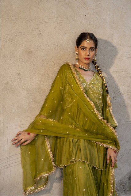Mehendi Green Mul Chanderi Peplum Sharara with Dabka Pittan work