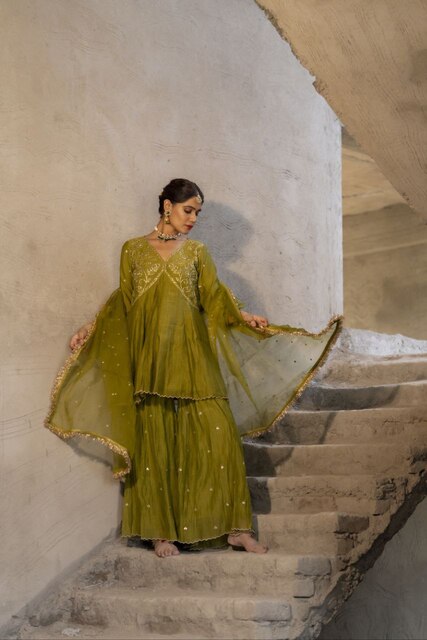 Mehendi Green Mul Chanderi Peplum Sharara with Dabka Pittan work