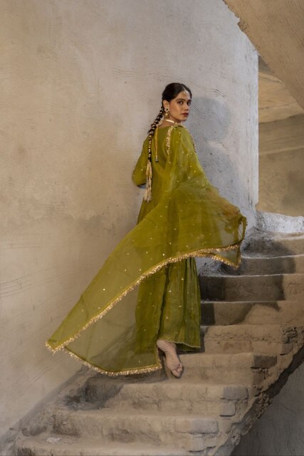 Mehendi Green Mul Chanderi Peplum Sharara with Dabka Pittan work