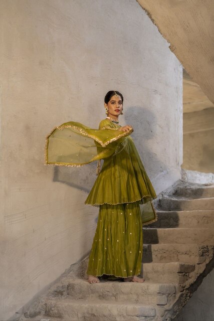 Mehendi Green Mul Chanderi Peplum Sharara with Dabka Pittan work