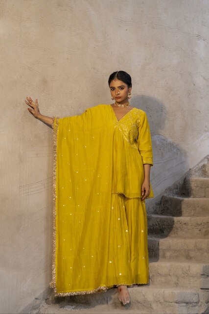 Yellow Mul Chanderi Peplum Sharara with Dabka Pittan work