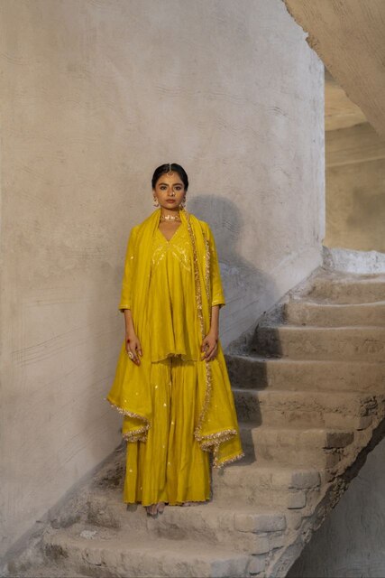 Yellow Mul Chanderi Peplum Sharara with Dabka Pittan work