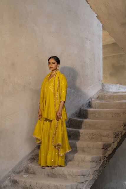Yellow Mul Chanderi Peplum Sharara with Dabka Pittan work