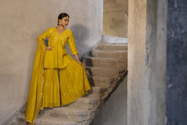 Yellow Mul Chanderi Peplum Sharara with Dabka Pittan work