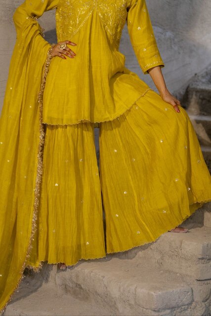 Yellow Mul Chanderi Peplum Sharara with Dabka Pittan work