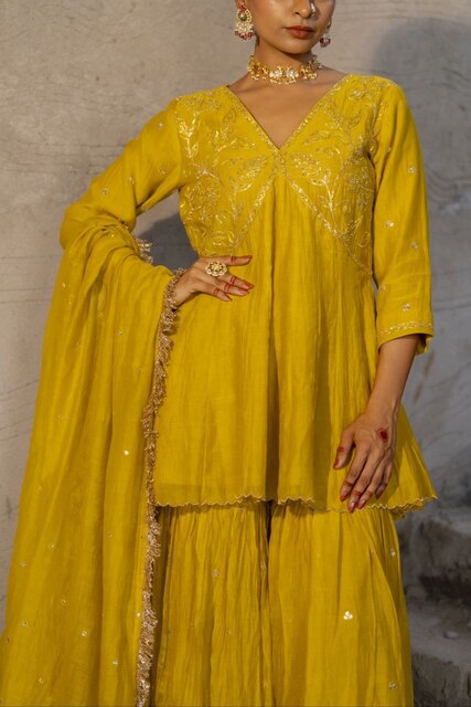 Yellow Mul Chanderi Peplum Sharara with Dabka Pittan work