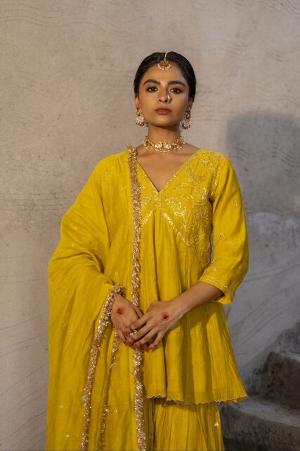 Yellow Mul Chanderi Peplum Sharara with Dabka Pittan work