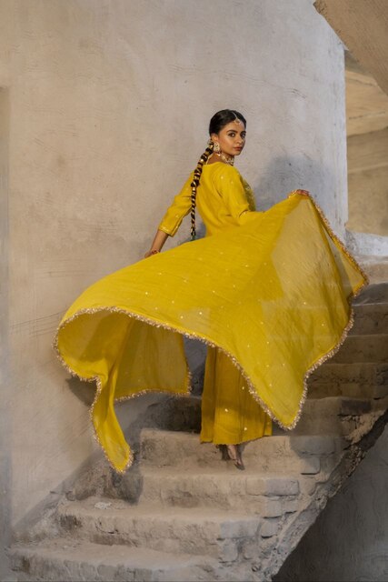 Yellow Mul Chanderi Peplum Sharara with Dabka Pittan work