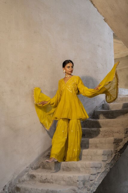 Yellow Mul Chanderi Peplum Sharara with Dabka Pittan work
