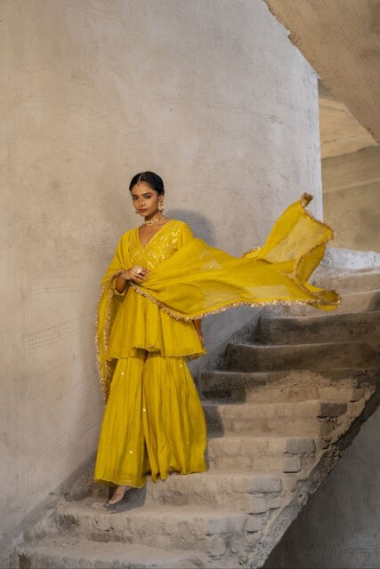 Yellow Mul Chanderi Peplum Sharara with Dabka Pittan work