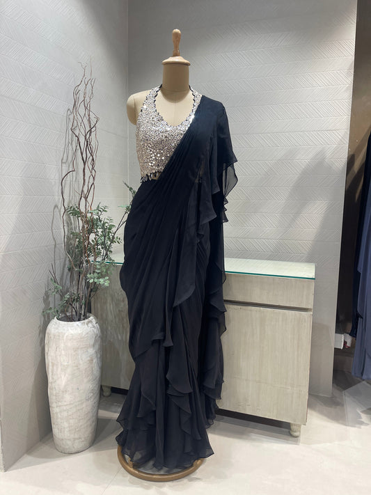 Black Mirrorwork Halter Saree for Bridesmaids