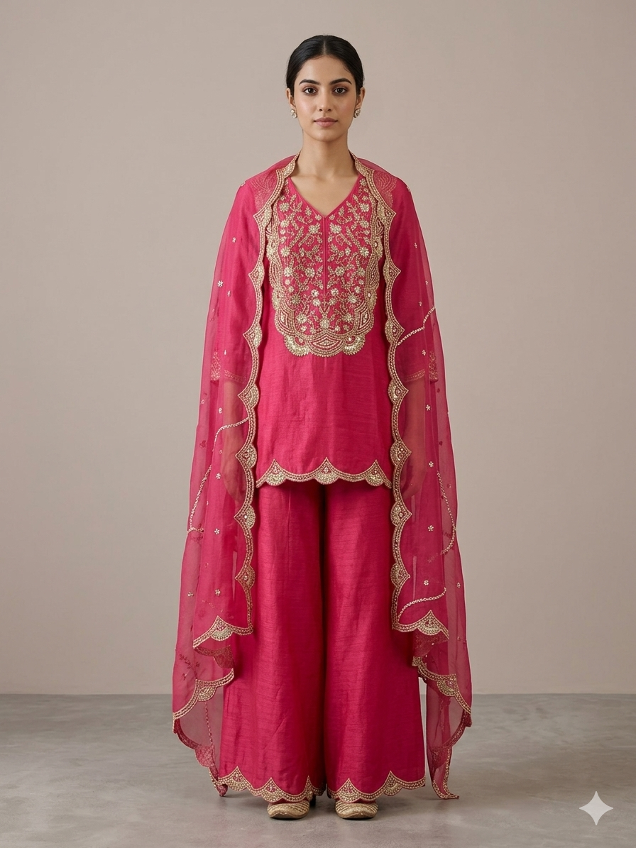 Deep Pink Embellished Cape Gharara set