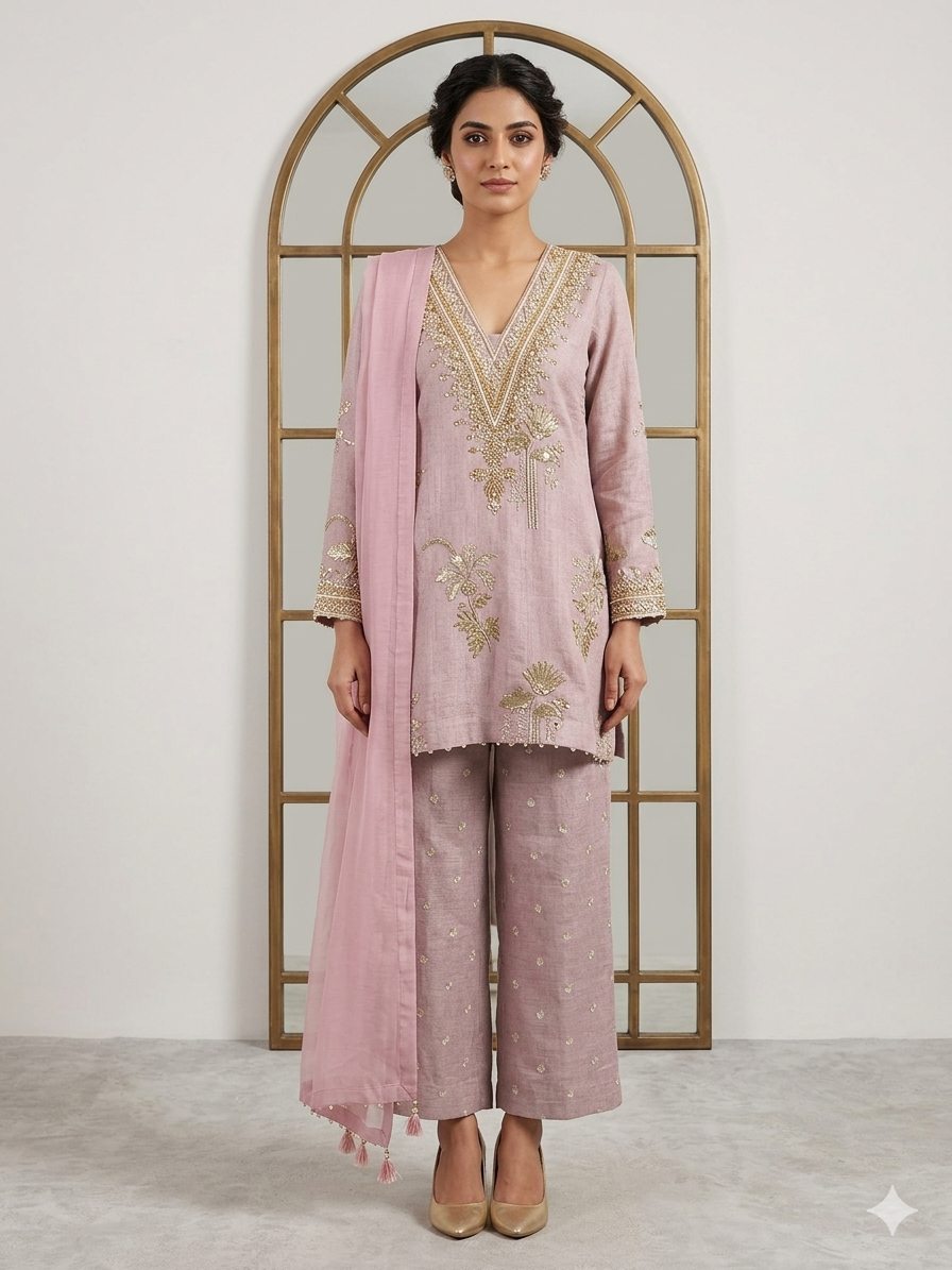 Lilac Linen embroidered Pallazo Set