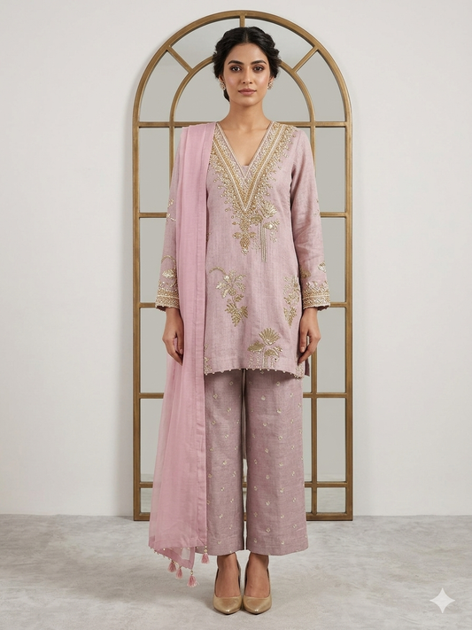 Lilac Linen embroidered Pallazo Set
