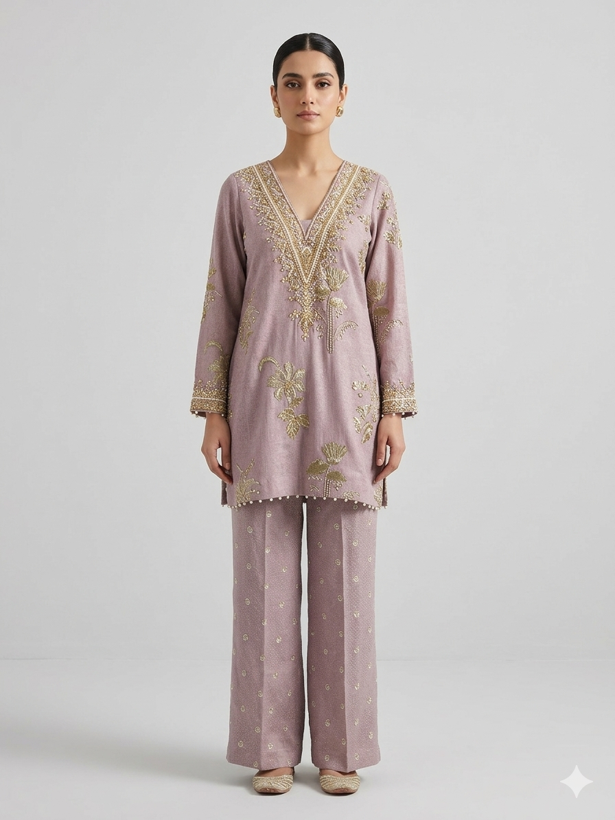Lilac Linen embroidered Pallazo Set