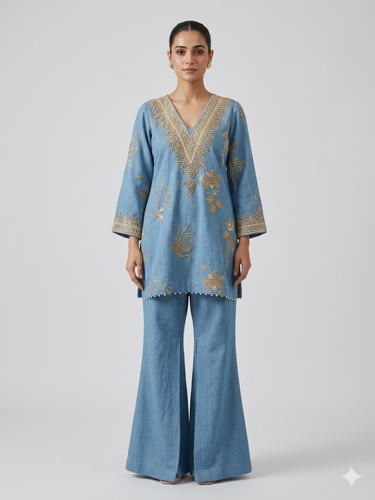 Lilac Linen embroidered Pallazo Set