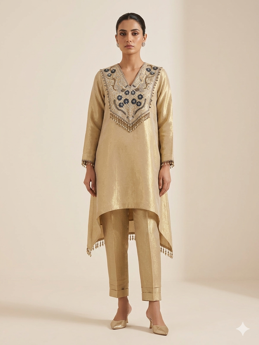 Gold Tissue Asymmtrical Kurta Set