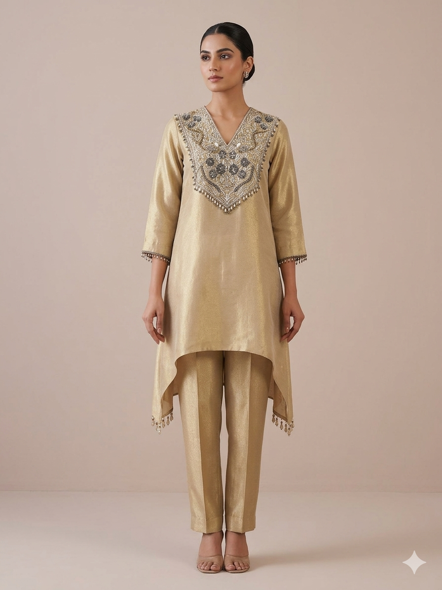 Gold Tissue Asymmtrical Kurta Set