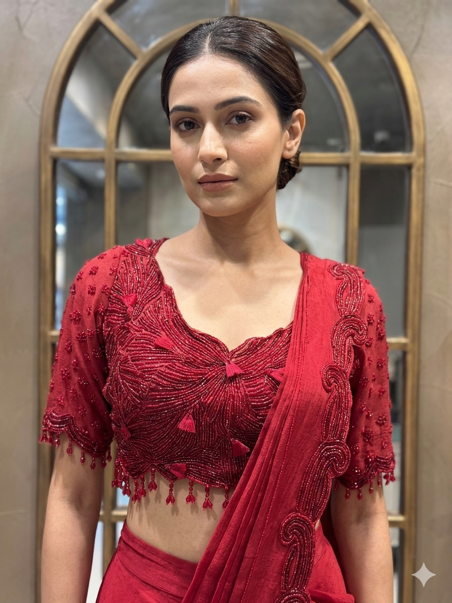 Red Cutdana Cocktail Saree