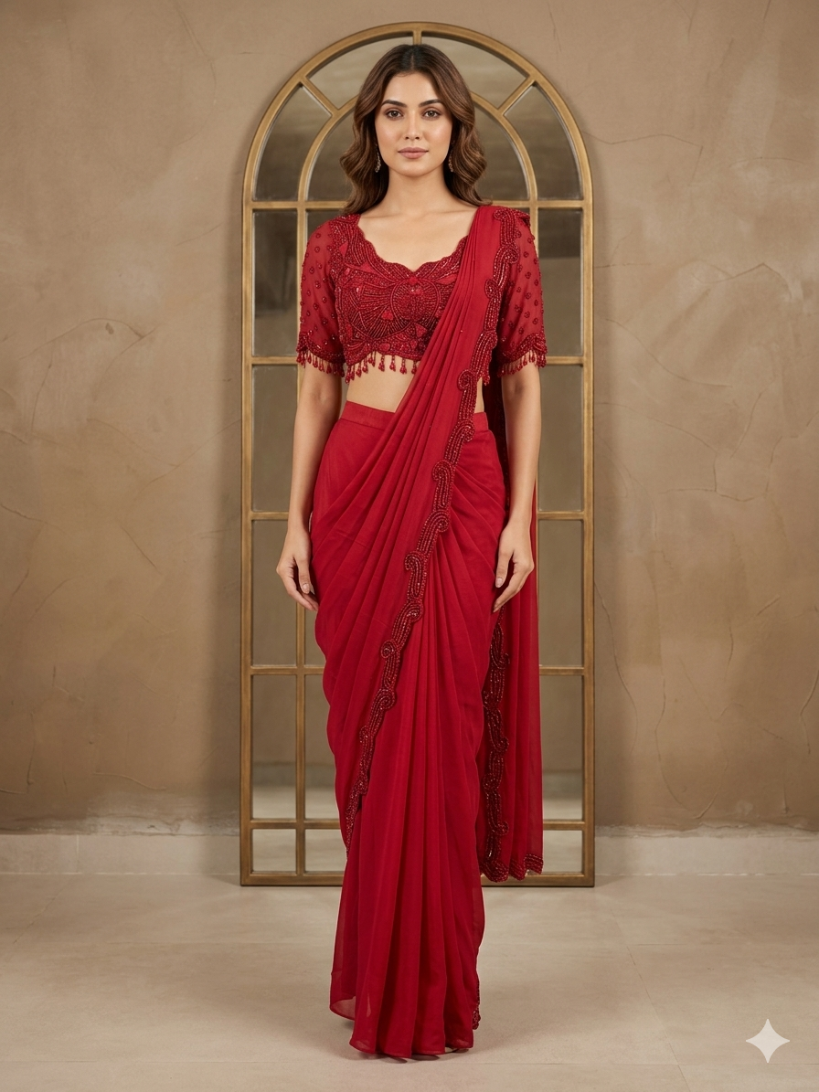 Red Cutdana Cocktail Saree